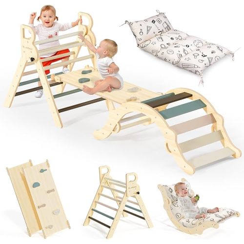 BlueWood Pikler Triangle Set with Cushion, 8-in-1 Climbing Toys for Toddlers, Montessori Philosophy Play Jungle Gym with Arch, Ramp, Ladder(Mauve Pink)