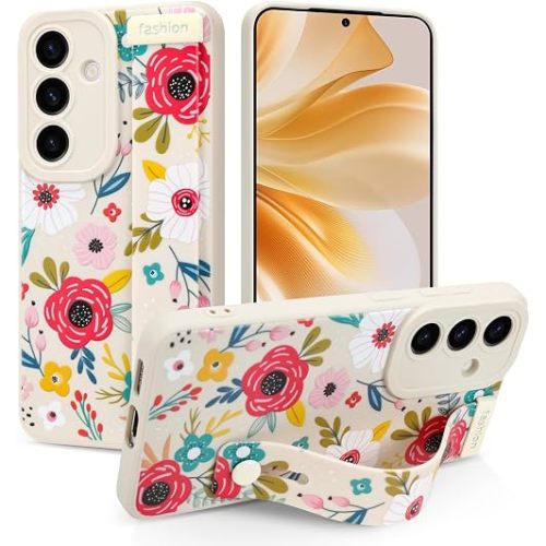 Case for Samsung Galaxy S25 Plus 6.7 inch 2025 Released, Silicone Case with Strap for Women Girls Cute Floral Flowers Adjustable Wristband Kicktand Cover for S25 Plus, Beige Blossom