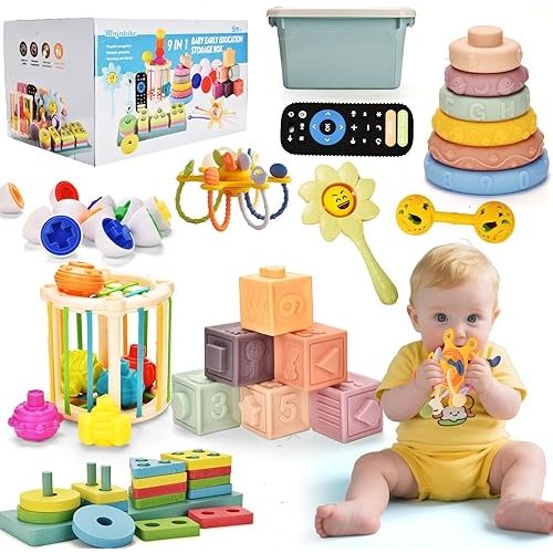 Baby Toys 6 to12 Months 9 in-1 Montessori Teething Trendy Toys Sorting Sensory Educational Learning Gift for Toddlers Aged 1-3,with Pull String Toy Stacking Baby Blocks& Remote & Soft Infant Ring