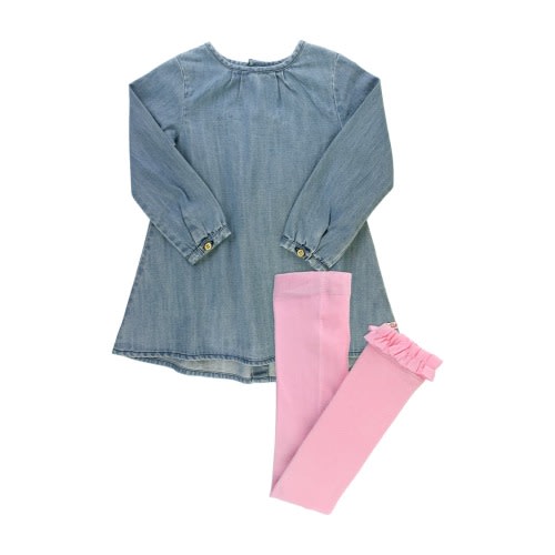 Long Sleeve Chambray Dress &Knit Tights Set