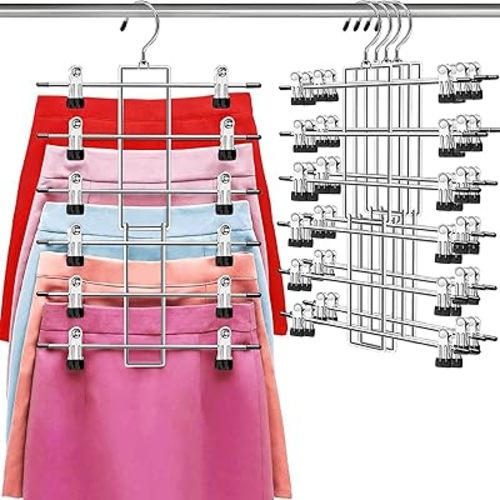Pants Hangers with Clips,Space Saving Hanging Closet Organizer-6 Tiers Skirt Hangers with 360° Swivel Hook,Closet Organizer-Clothes Hangers- College Dorm Essentials Apartment Essentials- 4 Pack