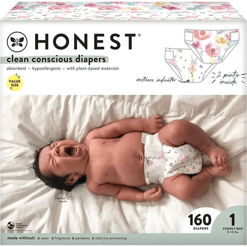 The Honest Company Clean Conscious Diapers | Plant-Based, Sustainable | Rose Blossom + Tutu Cute | Super Club Box, Size 1 (8-14 lbs), 160 Count