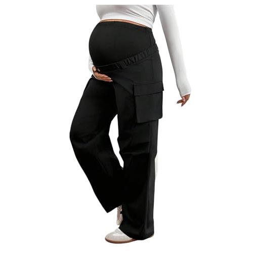 MakeMeChic Women's Maternity Cargo Pants High Waisted Wide Leg Pregnancy Trousers Streetwear