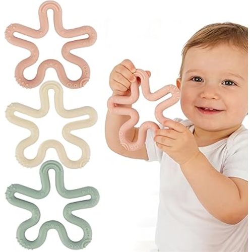 Fu Store 3 Pack Coral Flower Ring Teether Baby Teething Toys Silicone Teether Ring Toys for Babies 0-6 0-12 0-24 0-36 Months Easy to Grasp Clean Infant Teething Relief Soothing Sore Gums
