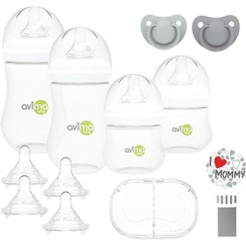 Avima Baby Wide Neck Bottle Starter Kit – 12 Piece Set. Anti Colic Feeding Set w/ 4 oz & 9 oz Baby Bottles, Slow & Medium Flow Nipples & Pacifiers, BPA Free