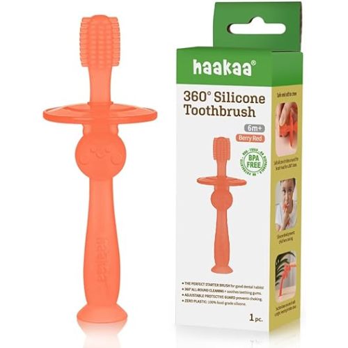 haakaa 360° Silicone Baby Toothbrush – 100% Soft Food Grade Silicone, BPA-Free, Suction Base, Safe for Babies 6 Months+, Gentle Gum and Teeth Cleaning for Infants, Gum Massager (Berry Red)