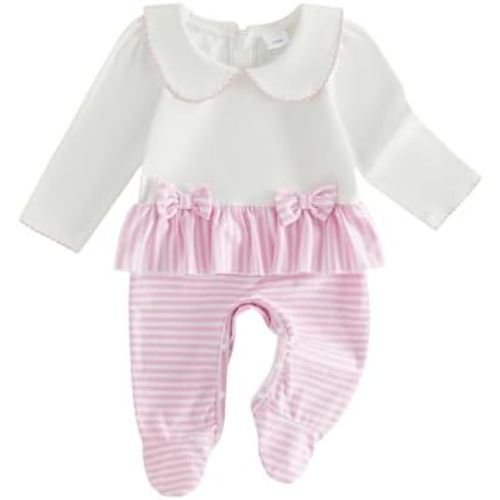 Socutebabe Newborn Baby Girl Coming Home Outfit Ruffle Romper Onesie Cute Ribbed Knit Jumpsuit Winter Clothes and Headband
