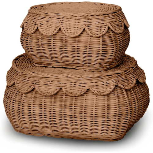 BEBE BASK The Original Scalloped Basket Set Of 2 - Small Scallop Basket - 15 x 10 x 6 In - Hand-Woven & Award-Winning - Elegant Wicker With Scalloped Edge Lid - Nursery Storage - (Mocca)