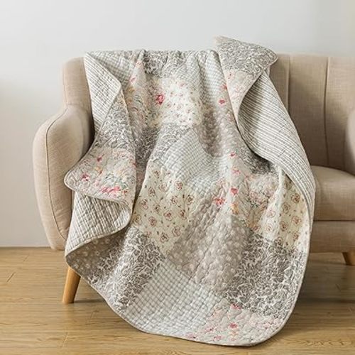 SLPR Cotton Quilted Throw Blanket, 50" x 60" Floral Farmhouse Patchwork Quilt, Shabby Chic Patchwork Throw Lap Quilt for Couch, Walk in The Cotswolds