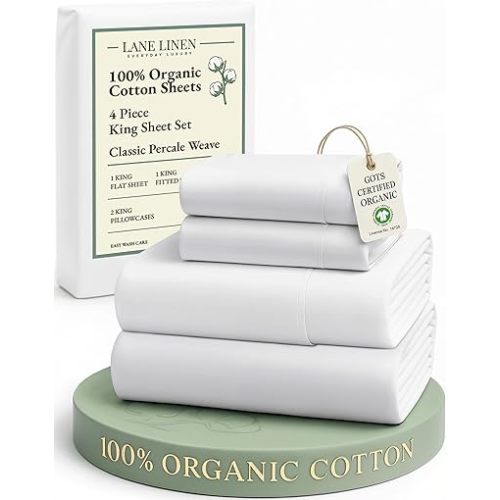 LANE LINEN 100% Organic Cotton King Size Sheets Set, Soft & Comfy All Season Breathable Sheets King Size, Percale Weave Fully Elasticized Eco Friendly Naturally Cooling King White Bed Sheets