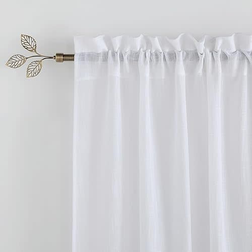RYB HOME Brass Curtain Rod 1 Inch Diameter with Vivid Leaf Finials Telescoping Single Rod for Kitchen Living Room Bedroom Window Adjustable Length from 48 to 86 Inch, Antique Brass