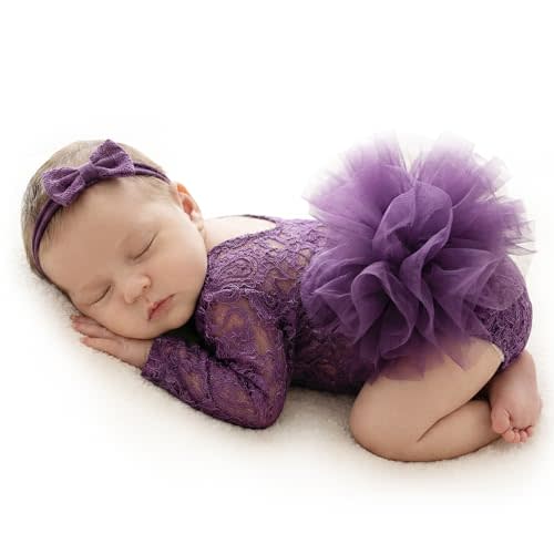 ForBaysy Newborn Photography Props Newborn Lace Romper Set with Matching Headband – Infant Baby Girl Outfit for Photoshoot