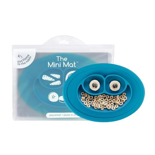 ezpz Mini Mat (Blue) - 6 -12 Months+ - 100% Silicone Suction Placemat + Divided Plate with Three Compartments - Supports Baby-Led Weaning - Designed for Highchair, Table, and Travel