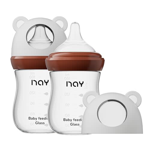 yanyoyo Natural Glass Baby Bottle for Breastfeeding Babies, 5.4oz Anti-Colic Baby Bottle with Natural Response Nipple(S), Clear, Wide Neck, 2 Pack, 1 Months+