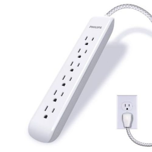 Philips Surge Protector Power Strip, 6ft Braided Extension Cord, 6 Outlet Extender, 1080 Joules, Flat Plug, White