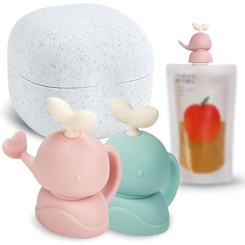 FIRGI Whale SoftSip Food Pouch Topper | 2EA + Travel Case | Prevent Spills & Leakage | Protect Child Baby Toddler Mouth | Food Grade Silicone Reusable | Baby Led Weaning | BPA Free| Mint+Pink