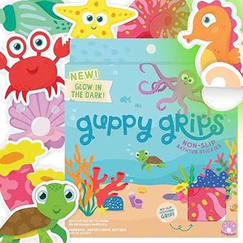 Glo Pals Glow-in-The-Dark Grips Bathtub Stickers for Kids – 8 Extra Large Non-Slip Bath Stickers & Fun Anti-Slip Tub Decals – Textured Bath Grips for Kids Bathroom Safety - Guppy