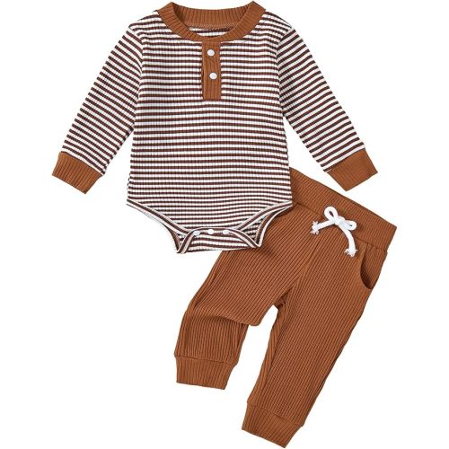 Baby Boy Clothes, Infant Ribbed Knit Long Sleeve Striped Romper & Pants Set Cute Baby Boys' Outfits 0-18 Months
