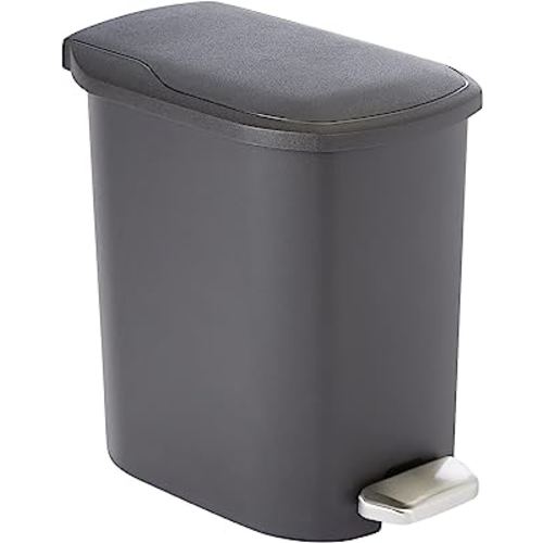 Amazon Basics Compact Bathroom Small Plastic Rectangular Trash Can with Steel Pedal Step, Black, 6 Liters