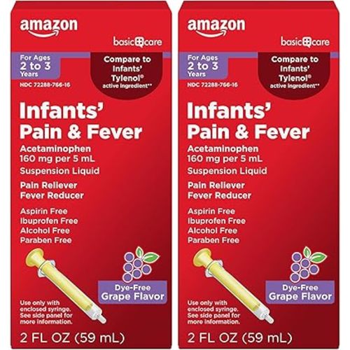 Amazon Basic Care Infants' Pain & Fever, Acetaminophen 160 mg per 5 mL, Suspension Liquid, Dye-Free Grape Flavor, 2 fl oz (Pack of 2)