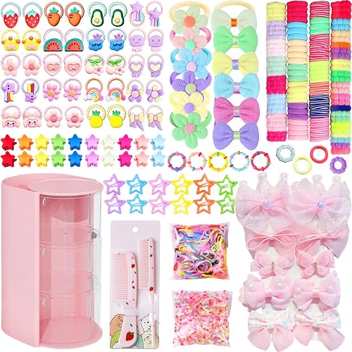 900Pcs Hair Accessories for Girls with 3-Tier Pink Organizers,Ties, Clips