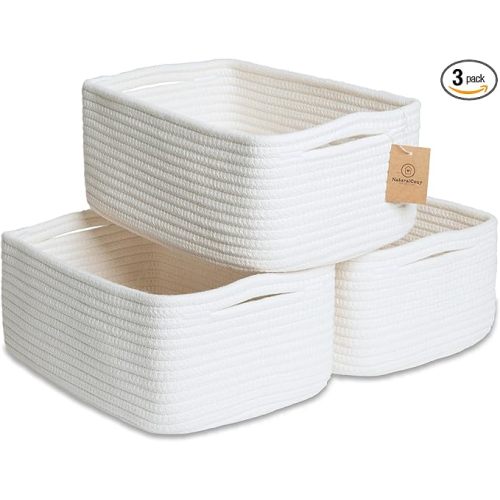 NaturalCozy 11.8"x8"x4.5” Storage Baskets for Shelves 3 Pack | Cotton Rope Woven Small Baskets for Organizing | Small Storage Bins for Nursery, Bathroom, Closet, Cube Shelf, Decorative, Gift Basket