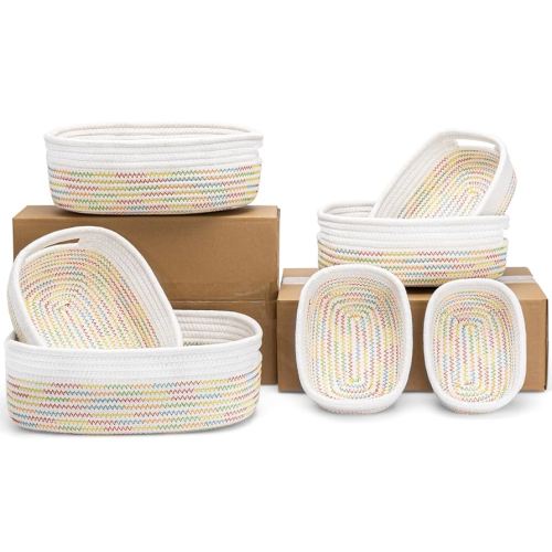 7 Piece Cotton Rope Woven Basket Set - Small Basket for Baby Nursery, Pets, Montessori, Dog & Cat Toy Boxes, Bathroom Organization Bins (White/Rainbow Stitching)