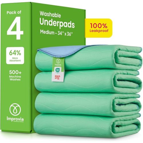 IMPROVIA® Washable Underpads, Heavy Absorbency Reusable Incontinence Pads for Kids, Adults, Elderly, and Pets, Waterproof Protection Floor - Green & Blue, 34"x36" (Pack of 4).