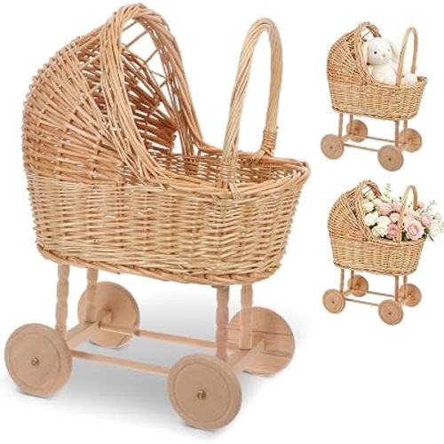 Large Wicker Flower Girl Basket with Handle Vintage Wicker Baby Carriage for Baby Shower Decorative Woven Rattan Stroller Shaped Flower Basket for Wedding Floral Arrangement