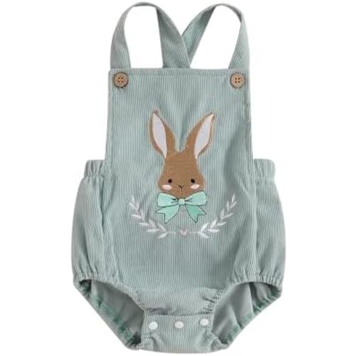 Aopwsrlyi Infant Newborn Baby Boy Girl Easter Outfit Bunny Embroidery Sleeveless Square Neck Romper Corduroy Overalls