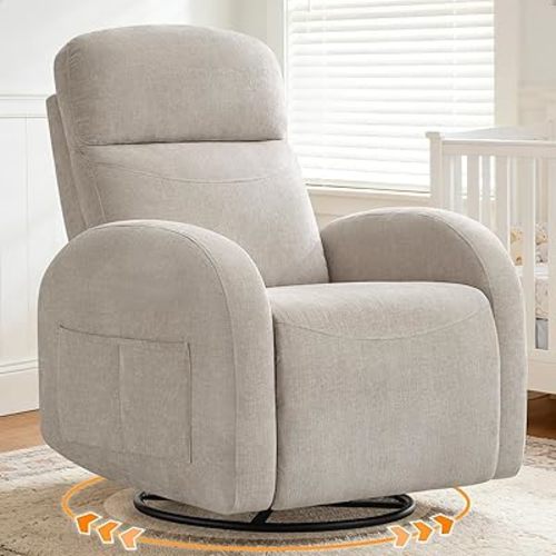 Swivel Rocker Recliner Chair, Glider Recliner Nursery Rocking Chair with Side Pockets, Manual Reclining Nursing Chair for Breastfeeding, Living Room, Camel Chenille