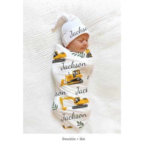 PERSONALIZED Bulldozer Swaddle Baby Blanket / Dozer Trucks Cranes Excavator Construction Baby Shower Gift Baby Boy Coming Home Outfit