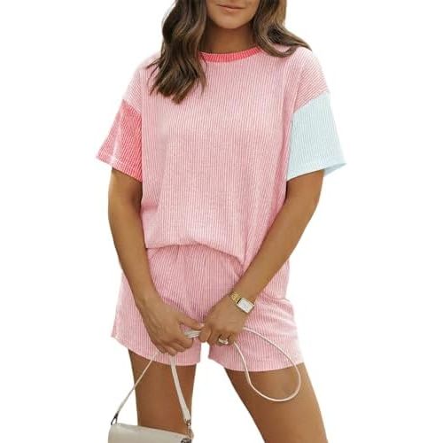 MARZXIN Women 2 Piece Shorts Set 2026 Casual Summer Cruise Outfits Ribbed Loose Short Sleeve Pocket Matching Lounge Sets