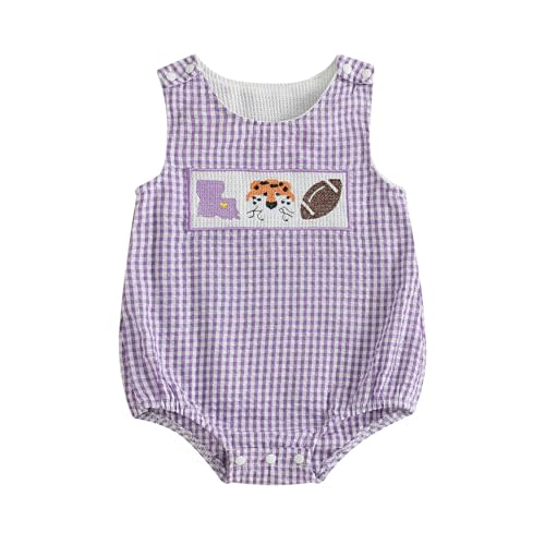 Ysfanwuxi Baby Girl Boy Football Outfit College Football Bubble Romper Sleeveless Plaid Overalls Bodysuit Game Day Clothes