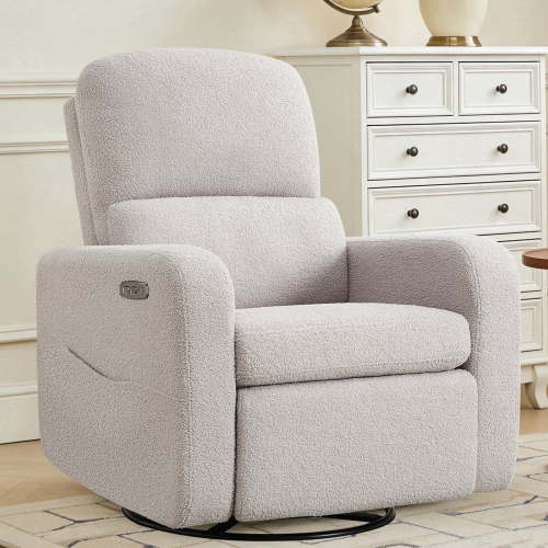 BaseBeauty Power Swivel Rocker Recliner, Nursery Recliner Glider Chair with Removable Cushion, Swivel Glider Recliner with Double Pockets, Teddy Gray