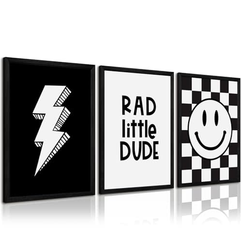 Boys Room Wall Art Decor Toddler Nursery Canvas Wall Art Baby Kids Wall Decor Black Checkered Smiley Poster Pictures Retro Playroom Rad Little Dud Art Prints for Bedroom 12x16x3 Inch Wood Framed