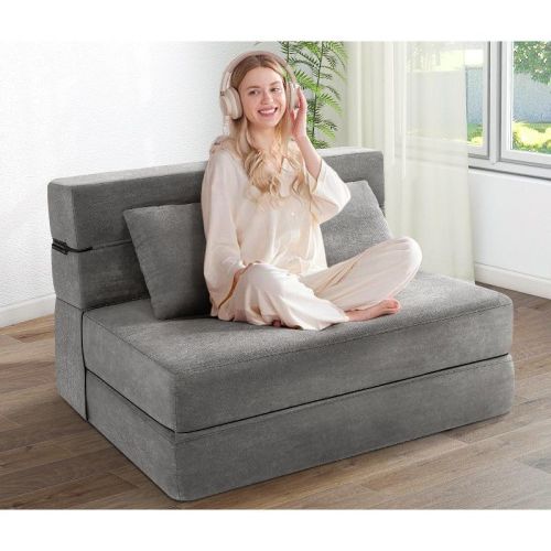 Homdox Folding Sofa Bed Chair w/ Pillow, Convertible Chair Sleeper, Foam Floor Mattress for Living Room/Dorm/Guest/Office (Grey, Twin)
