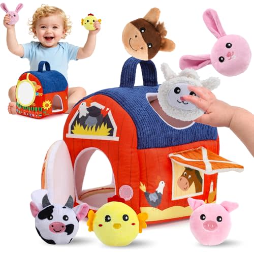 Baby Toys 6-12 Months, Soft Barn Montessori Sensory Infant Toy for 6 7 8 9 10 Month Old, 1st Birthday Baby Gifts for 1 Year Old Boy Girl, Stuffed Farm Animals, Rattle Squeaky Crinkle Sound & Mirror