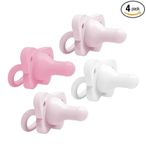 Dr. Brown's HappyPaci 100% Silicone Baby Pacifier, Contoured One-Piece Design, Light Pink/Pink/White, 0-6m, BPA-Free, 4-Pack