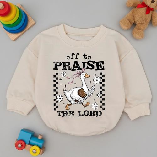 Off To Praise The Lord Baby Romper, Christian Faith Bodysuit For Church, Religious Baby Shower Gift, Cute Goose Praise Jesus Infant Jumpsuit