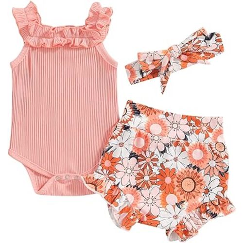 3pcs Toddler Girls Summer Outfits Ribbed Halter Crop Top Romper Bodysuit +Floral Bloomer Shorts+Headband Clothes Set