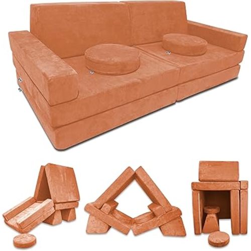 Mod Blox 10 Piece Soft Modular Kids Play Couch for Boys and Girls | Child Sectional Fort Building Sofa for Toddlers Playroom with Microsuede Covers and High Density Convertible Foam Cushions (Orange)