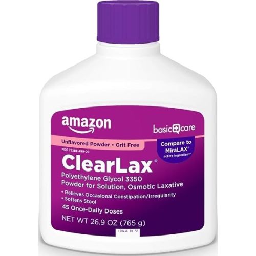 Amazon Basic Care ClearLax Polyethylene Glycol 3350 Powder for Solution, Osmotic Laxative, Relieves Occasional Constipation, Unflavored, 1.68 pound (Pack of 1)