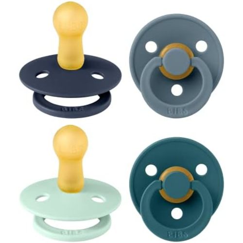 BIBS Pacifiers - Color 4 Pack | Round Nipple Baby Pacifier | BPA Free Natural Rubber Latex Soother | Made in Europe | Size 6-18 Months | Boy Colors