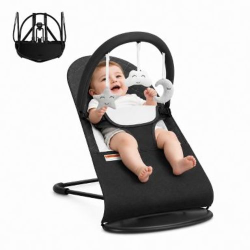 Baby Rocker and Stationary Seat, Foldable 2-in-1 Bouncer with Recline and Toy Bar,Dark Grey
