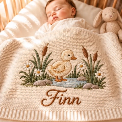 Personalized Duckling Embroidered Baby Blanket, Custom Name Pond Nursery Blanket, Baby Shower Gift, Newborn Keepsake