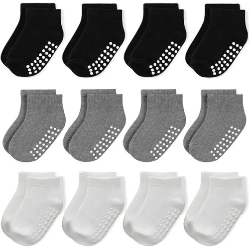 JAKIDAR 12 Pair Baby Toddler Socks Non-Slip Grip Cotton Ankle Socks for Boys Girls Non Skid Soles for Infants Kids