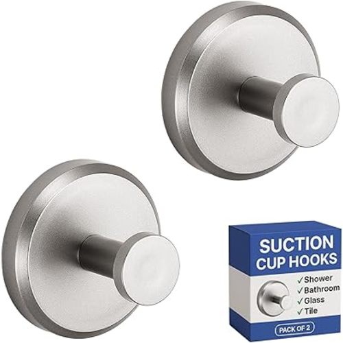 HOME SO Suction Cup Hooks for Shower, Bathroom, Kitchen, Glass Door, Mirror, Tile – Loofah, Towel, Coat, Bath Robe for Hanging up to 15 lbs – Polished Matte Chrome, Brushed Nickel (2-pack)