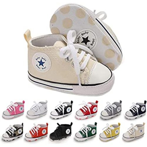 Unisex Baby Soft Sole Sneakers, Canvas Denim High Top, Newborn Infant First Walkers