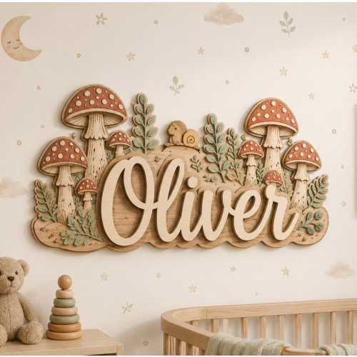 Personalized Mushroom Nursery Name Sign, Custom 3D Wooden Baby Name Decor, Woodland Theme, Layered Mushroom Name Plaque for Kids Room Gift